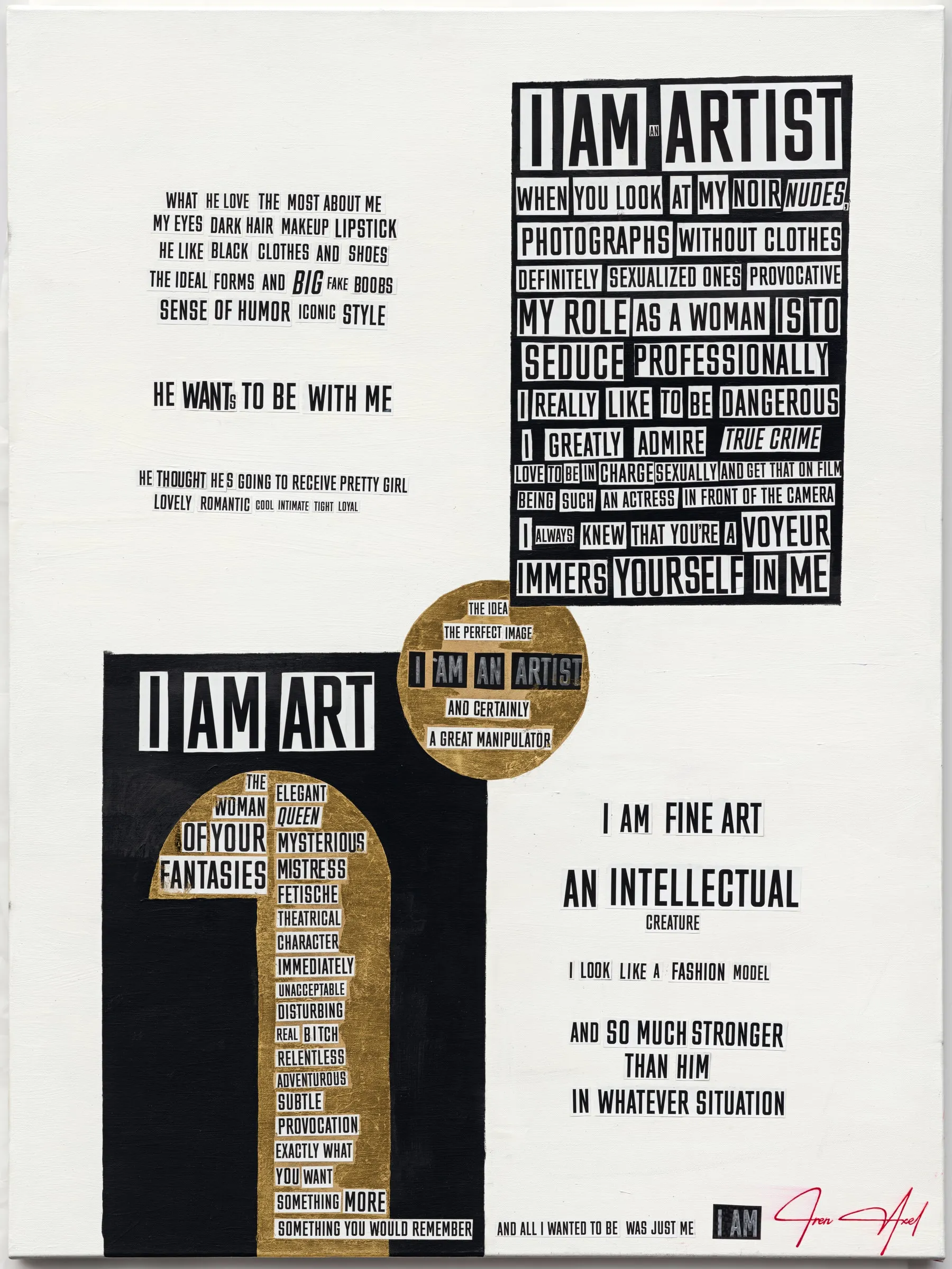 Scan of the painting: cut-out newsprint words collaged on white canvas — I AM ART, I AM ARTIST — with a black block, a gold-leaf arch of words and a gold circle